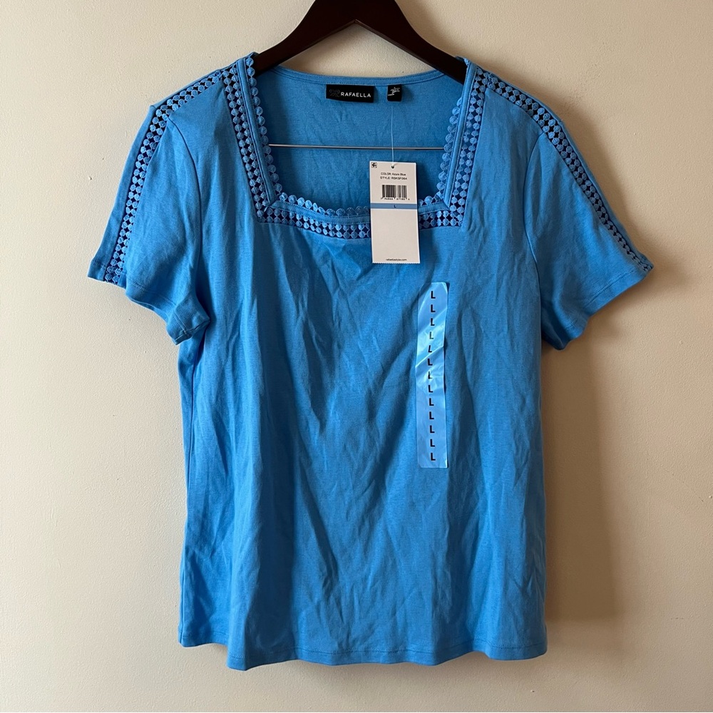 Rafaella Blue Short Sleeve Lace Accent Square neck Blouse Size Large NEW